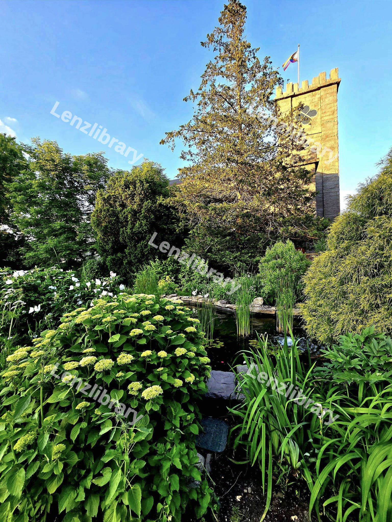 A garden view of a Castle tower